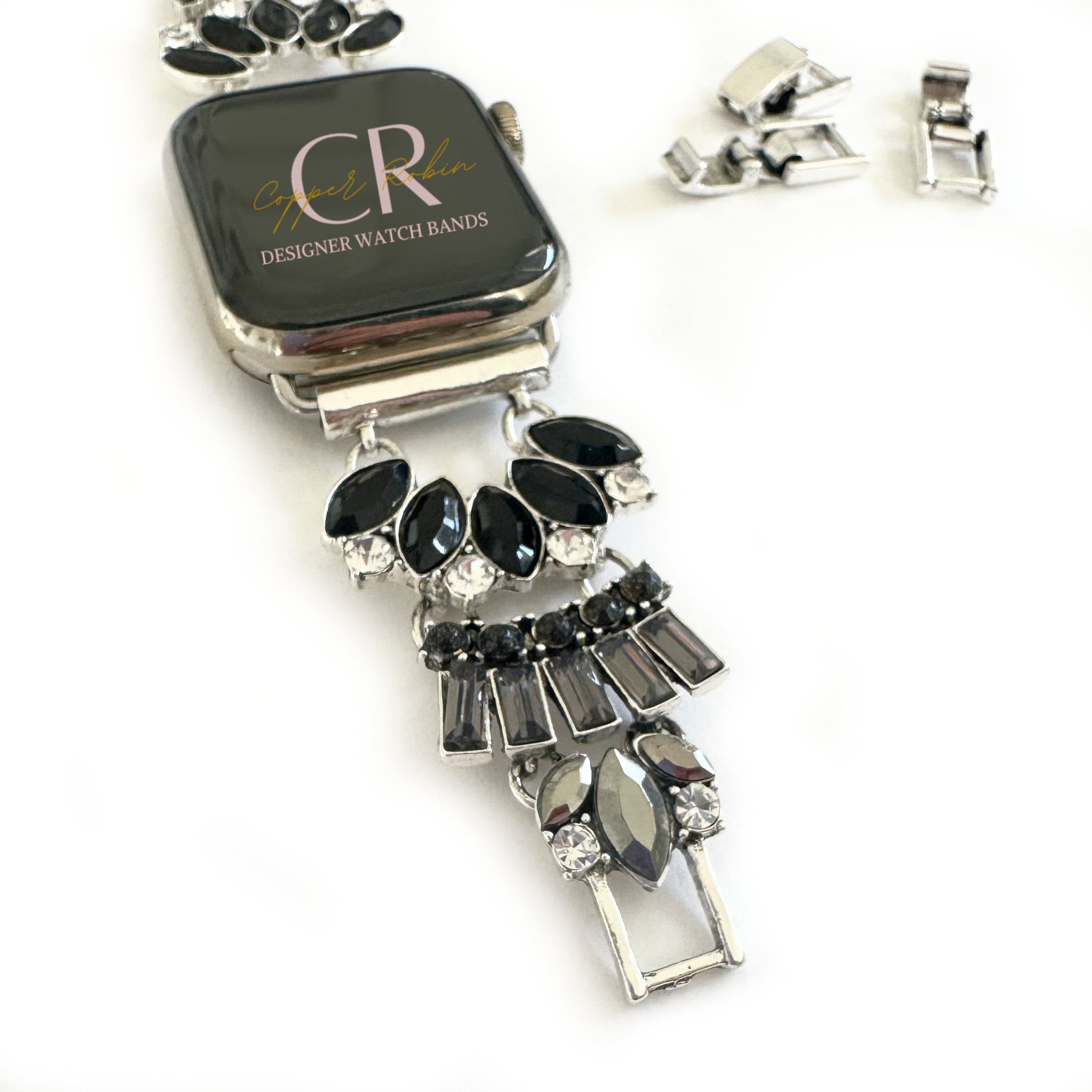 The Black Gatsby, Gold or Silver, Jeweled Watch Band with Black Onyx for Apple Watch