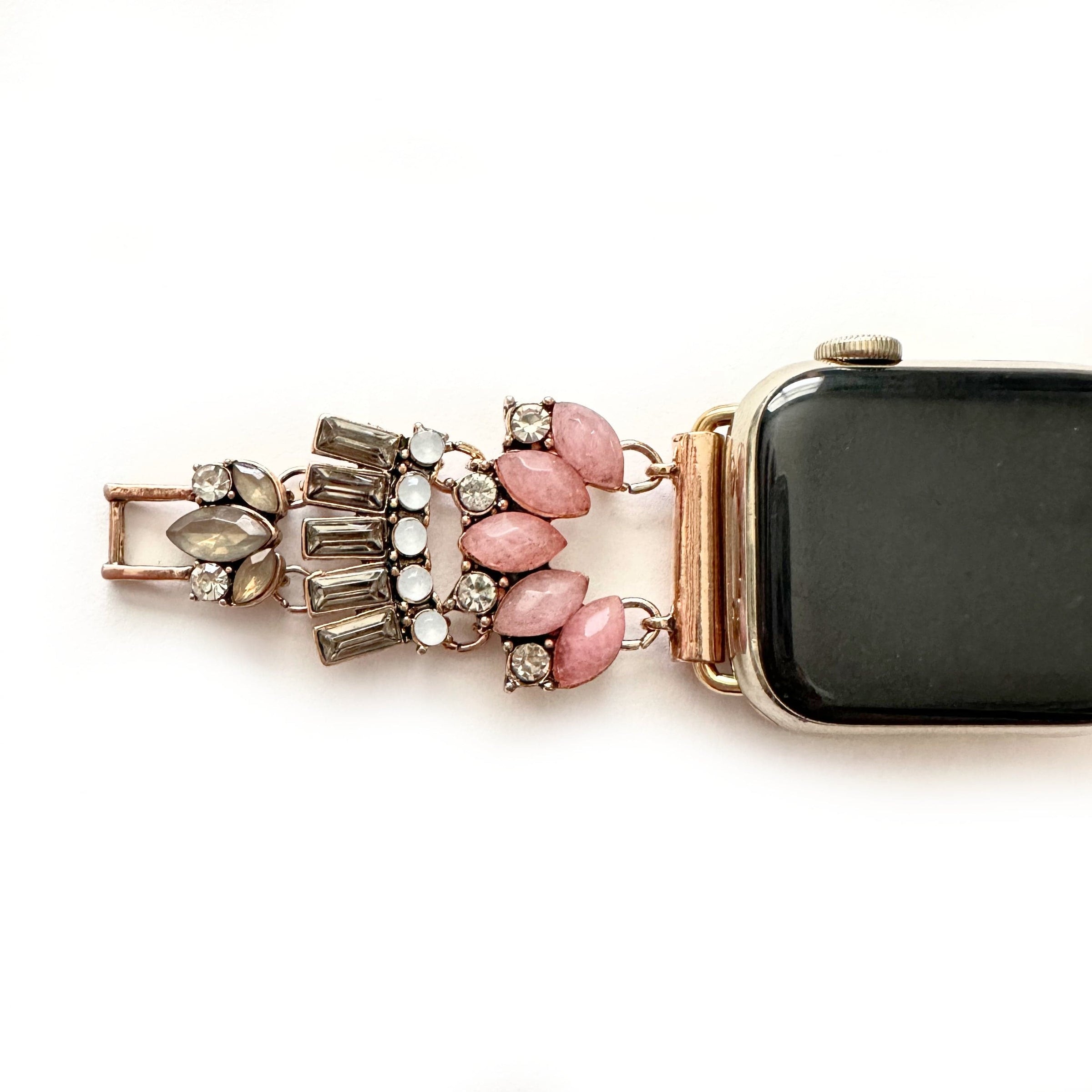 The Pink Gatsby, Gold, Silver, and Rose Gold Jeweled Watch Band with Rose Quartz for Apple Watch
