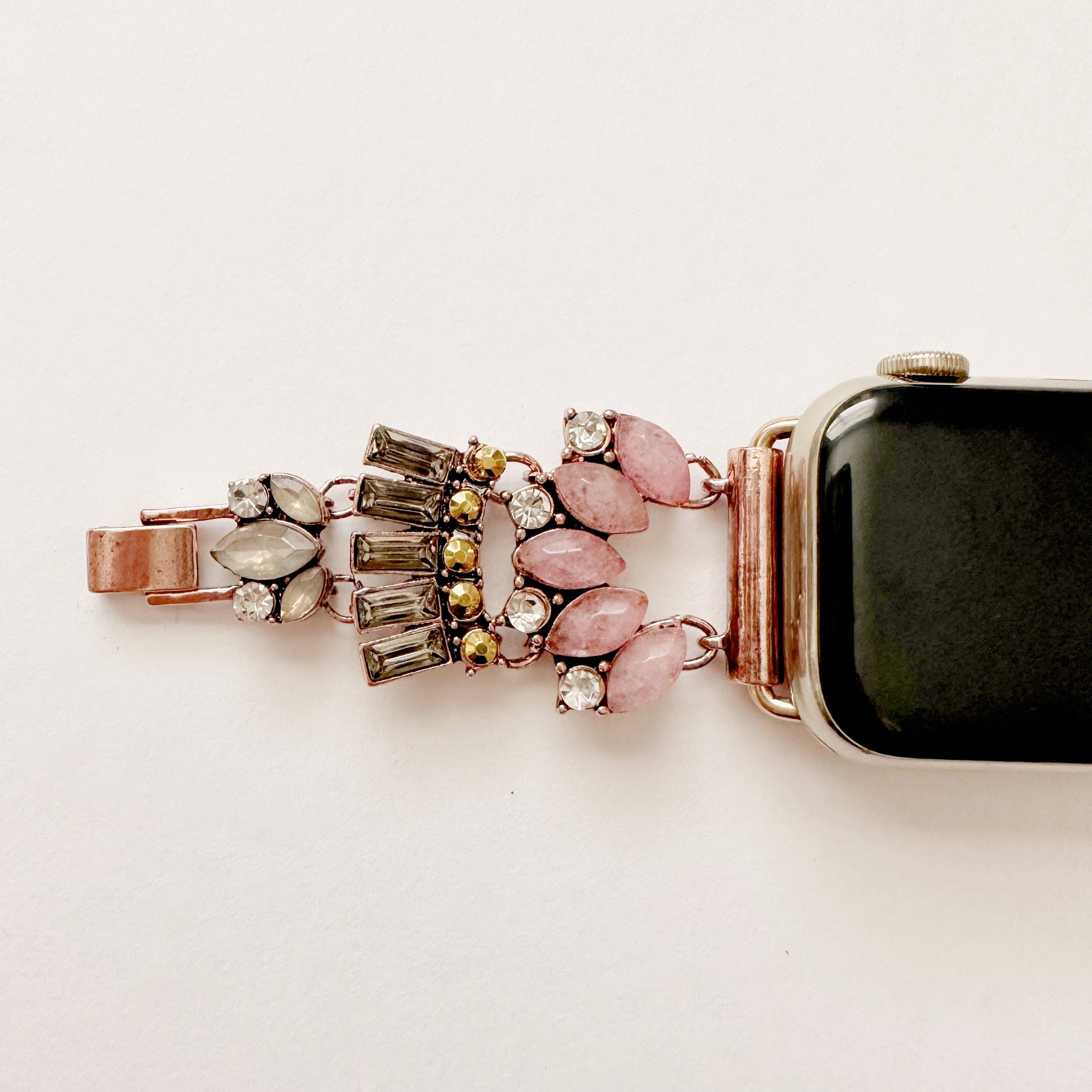 The Pink Gatsby, Gold, Silver, and Rose Gold Jeweled Watch Band with Rose Quartz for Apple Watch