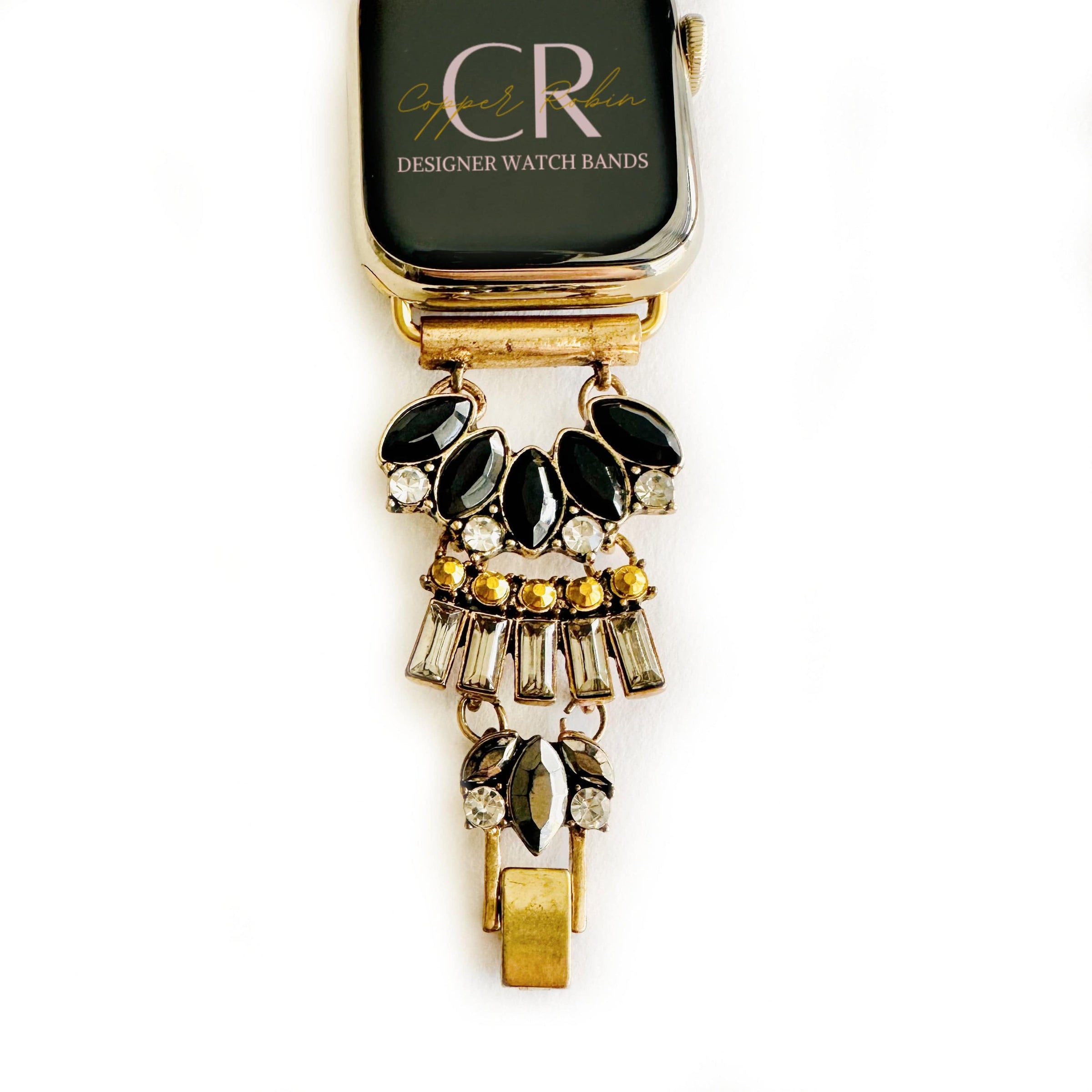 The Black Gatsby, Gold or Silver, Jeweled Watch Band with Black Onyx for Apple Watch