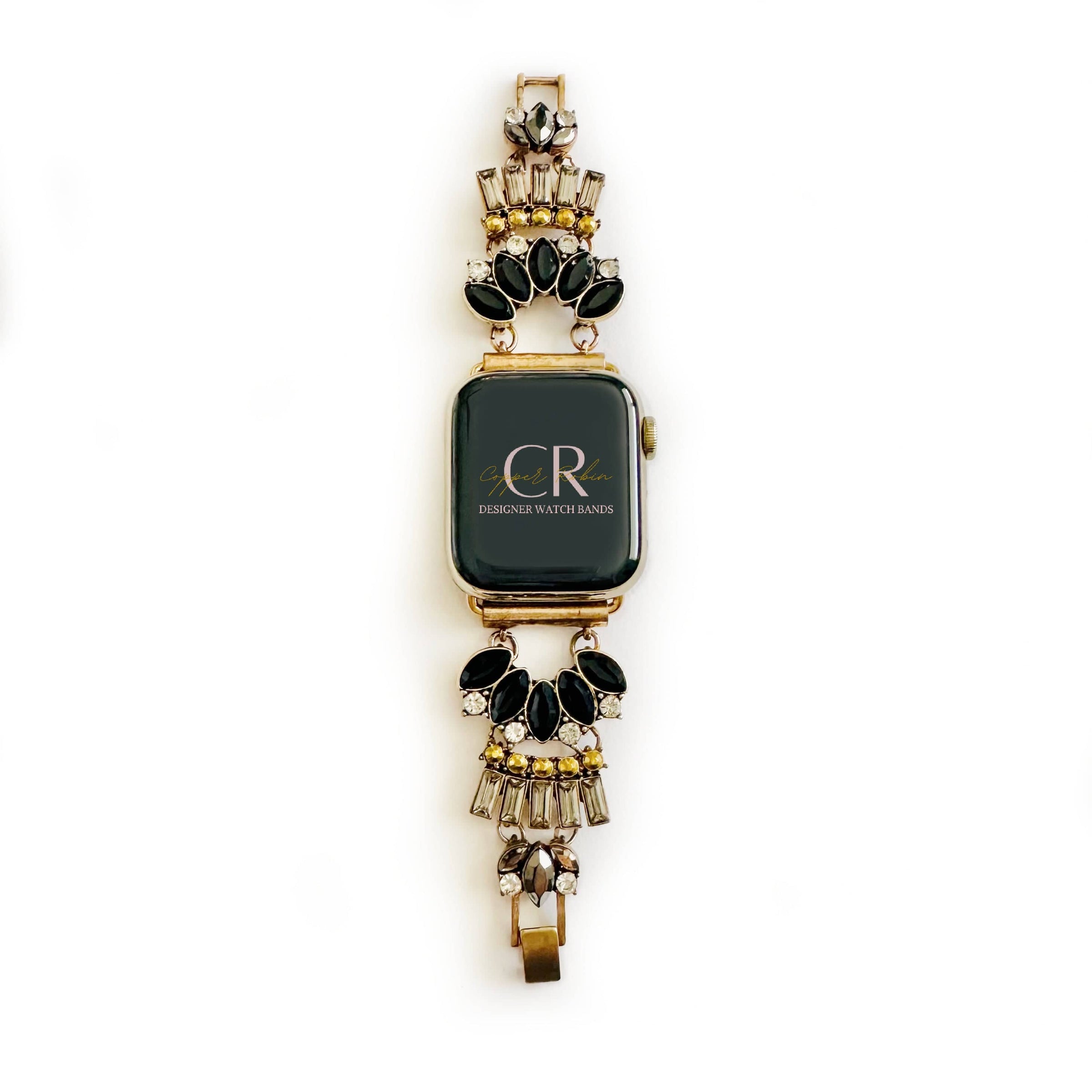 The Black Gatsby, Gold or Silver, Jeweled Watch Band with Black Onyx for Apple Watch