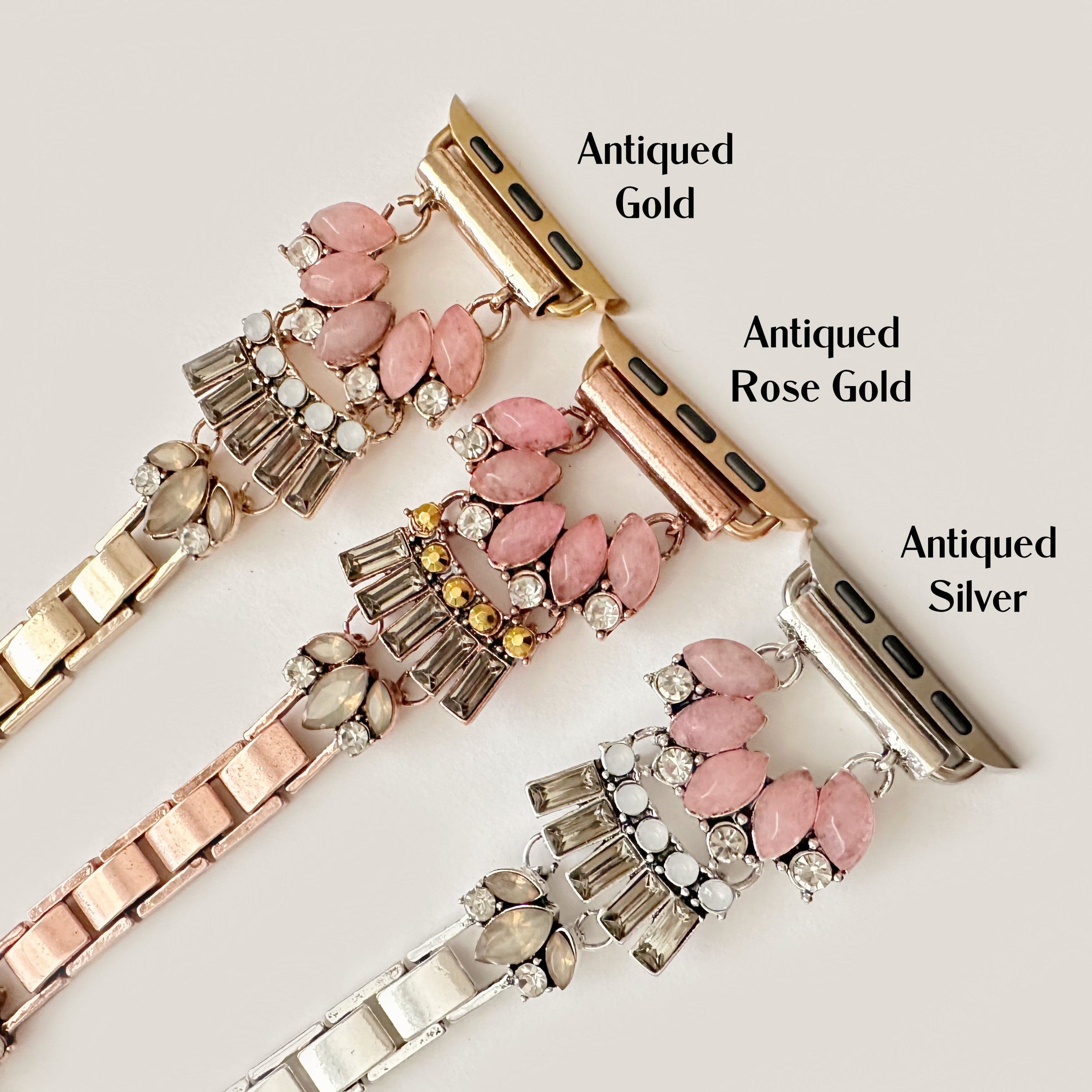 The Pink Gatsby, Gold, Silver, and Rose Gold Jeweled Watch Band with Rose Quartz for Apple Watch