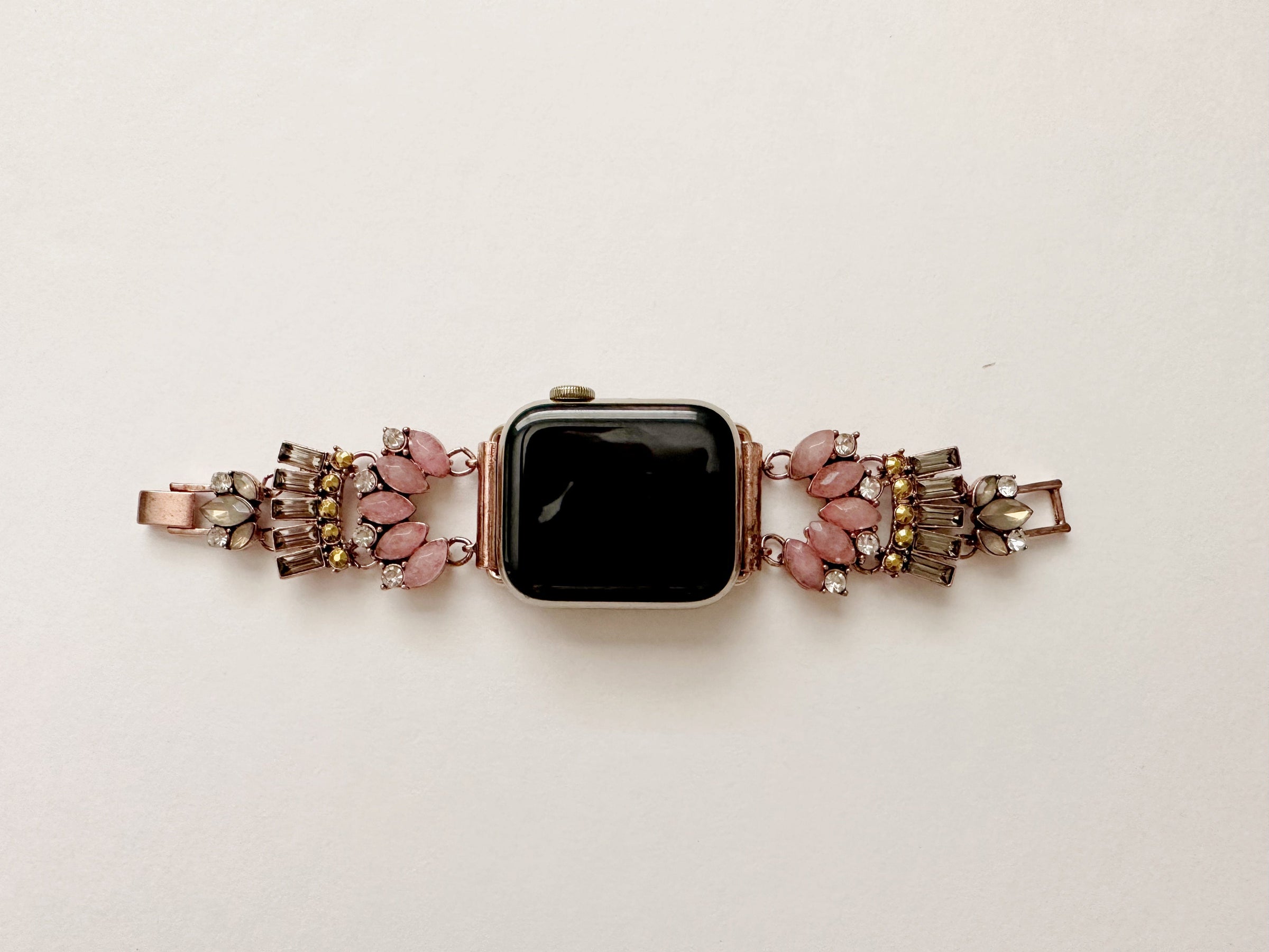 The Pink Gatsby, Gold, Silver, and Rose Gold Jeweled Watch Band with Rose Quartz for Apple Watch
