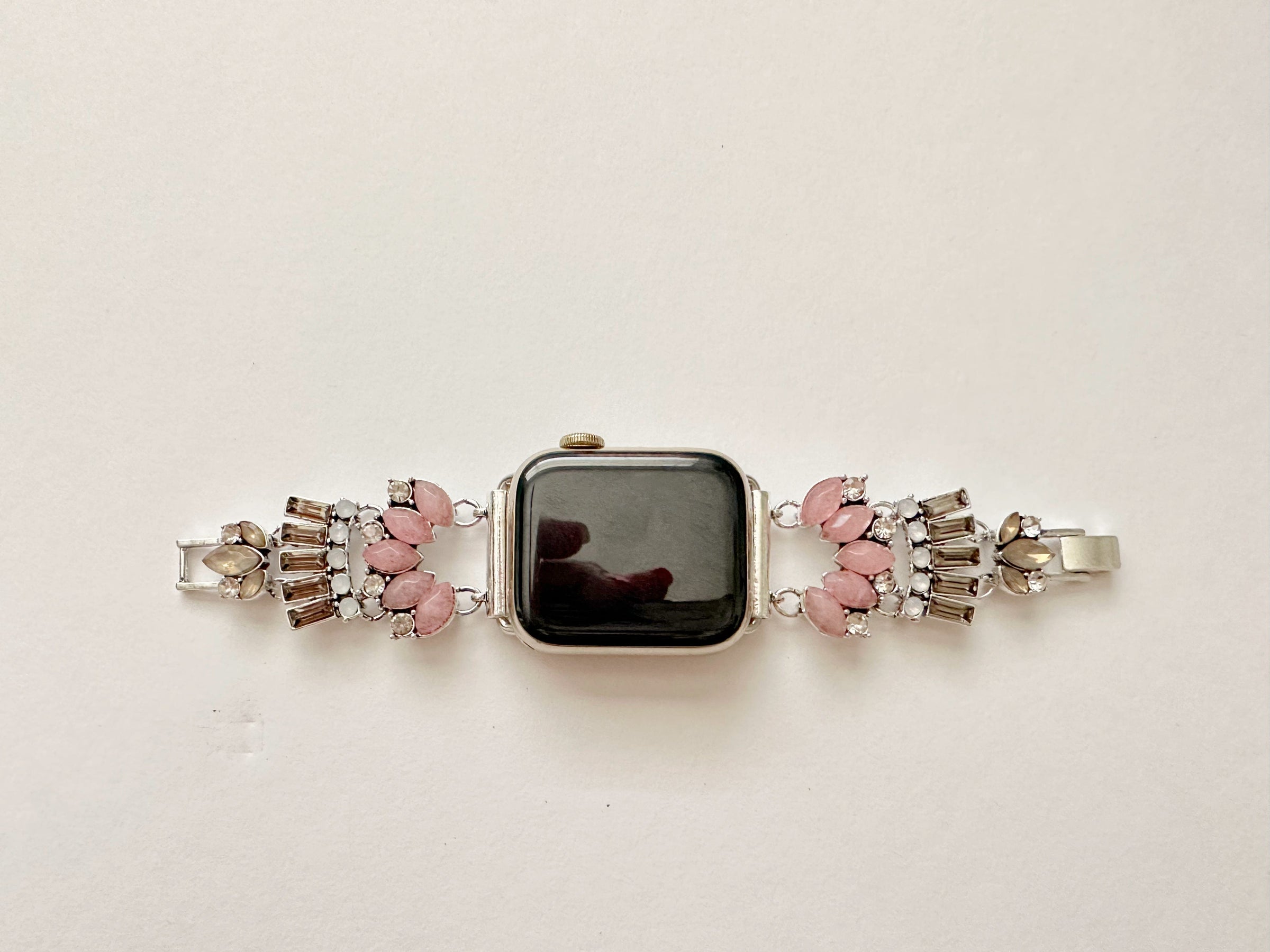The Pink Gatsby, Gold, Silver, and Rose Gold Jeweled Watch Band with Rose Quartz for Apple Watch