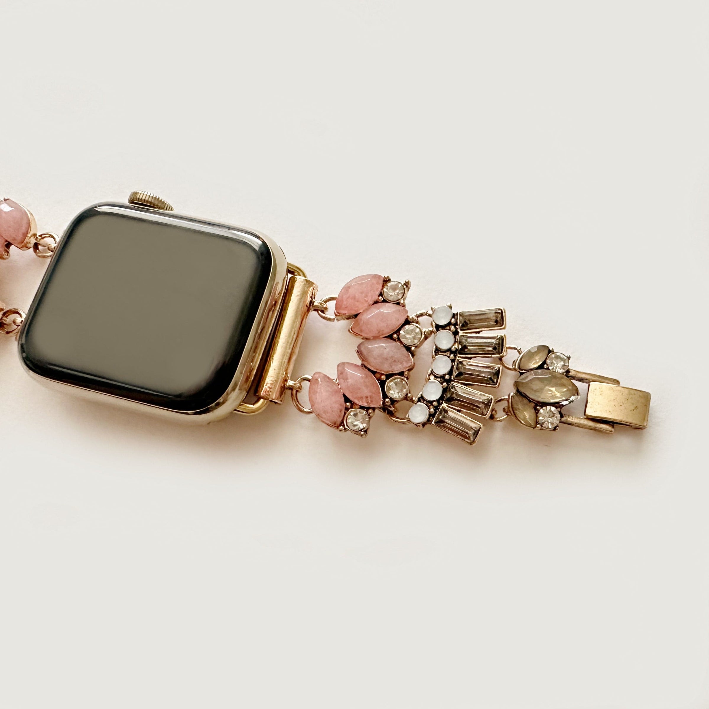 The Pink Gatsby, Gold, Silver, and Rose Gold Jeweled Watch Band with Rose Quartz for Apple Watch