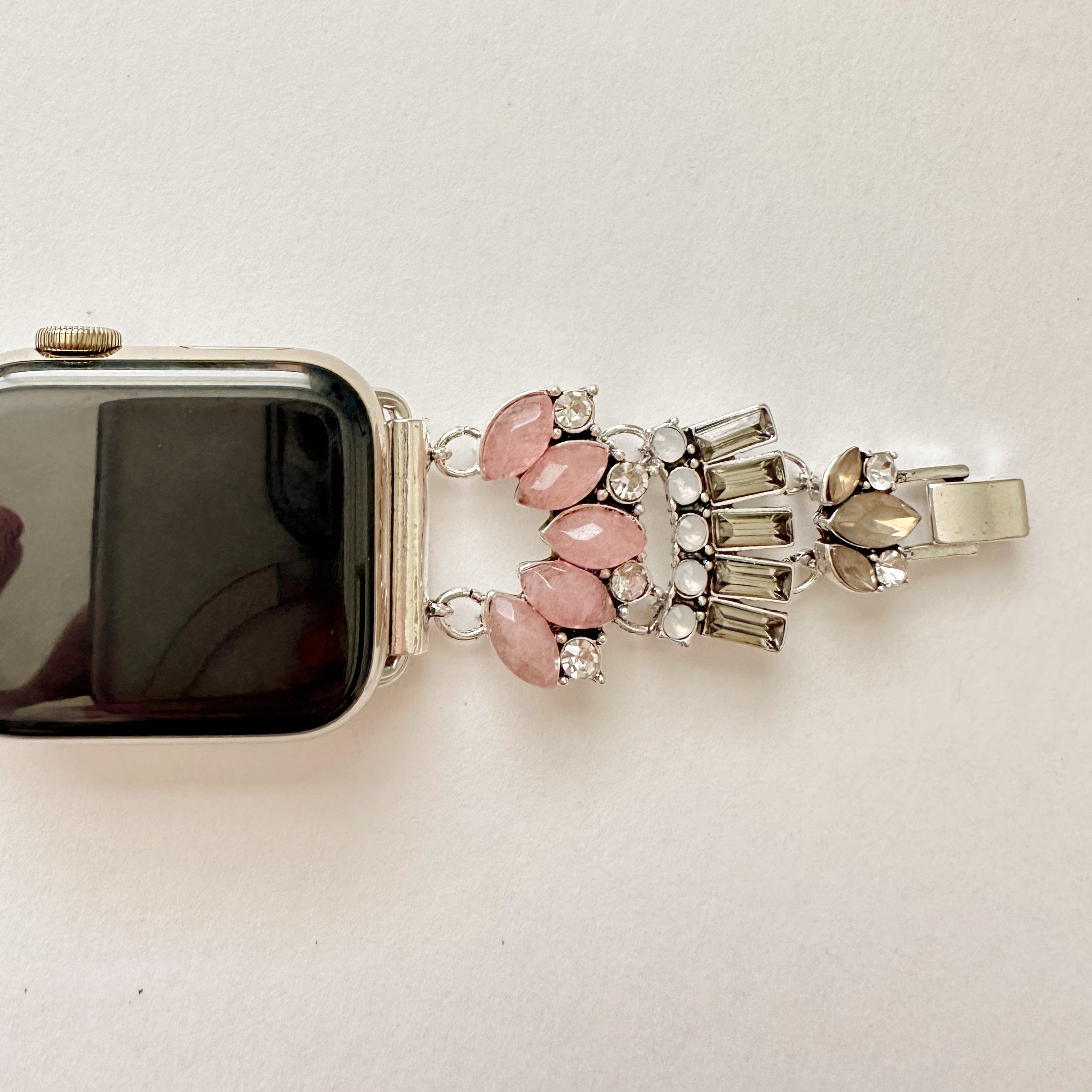 The Pink Gatsby, Gold, Silver, and Rose Gold Jeweled Watch Band with Rose Quartz for Apple Watch