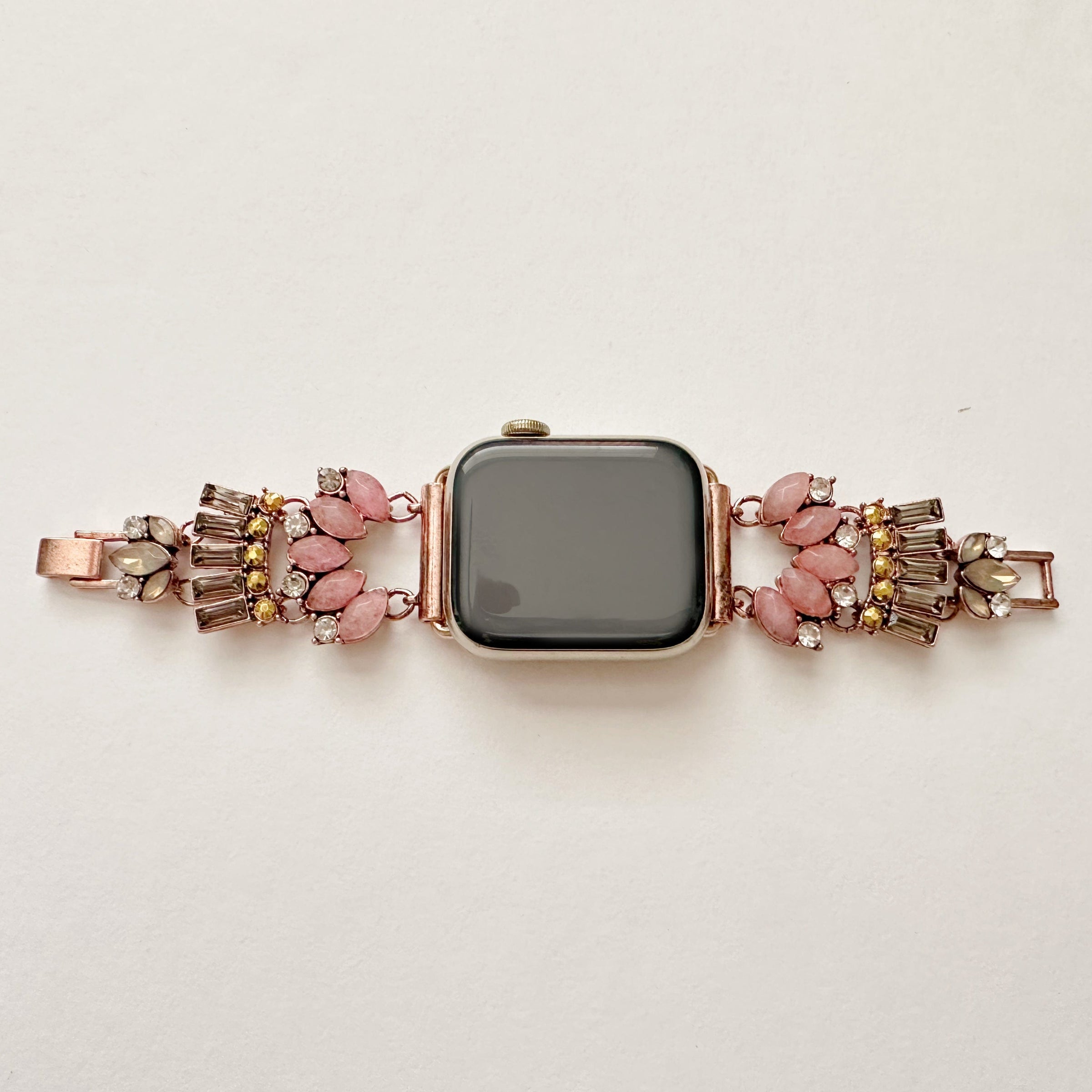 The Pink Gatsby, Gold, Silver, and Rose Gold Jeweled Watch Band with Rose Quartz for Apple Watch