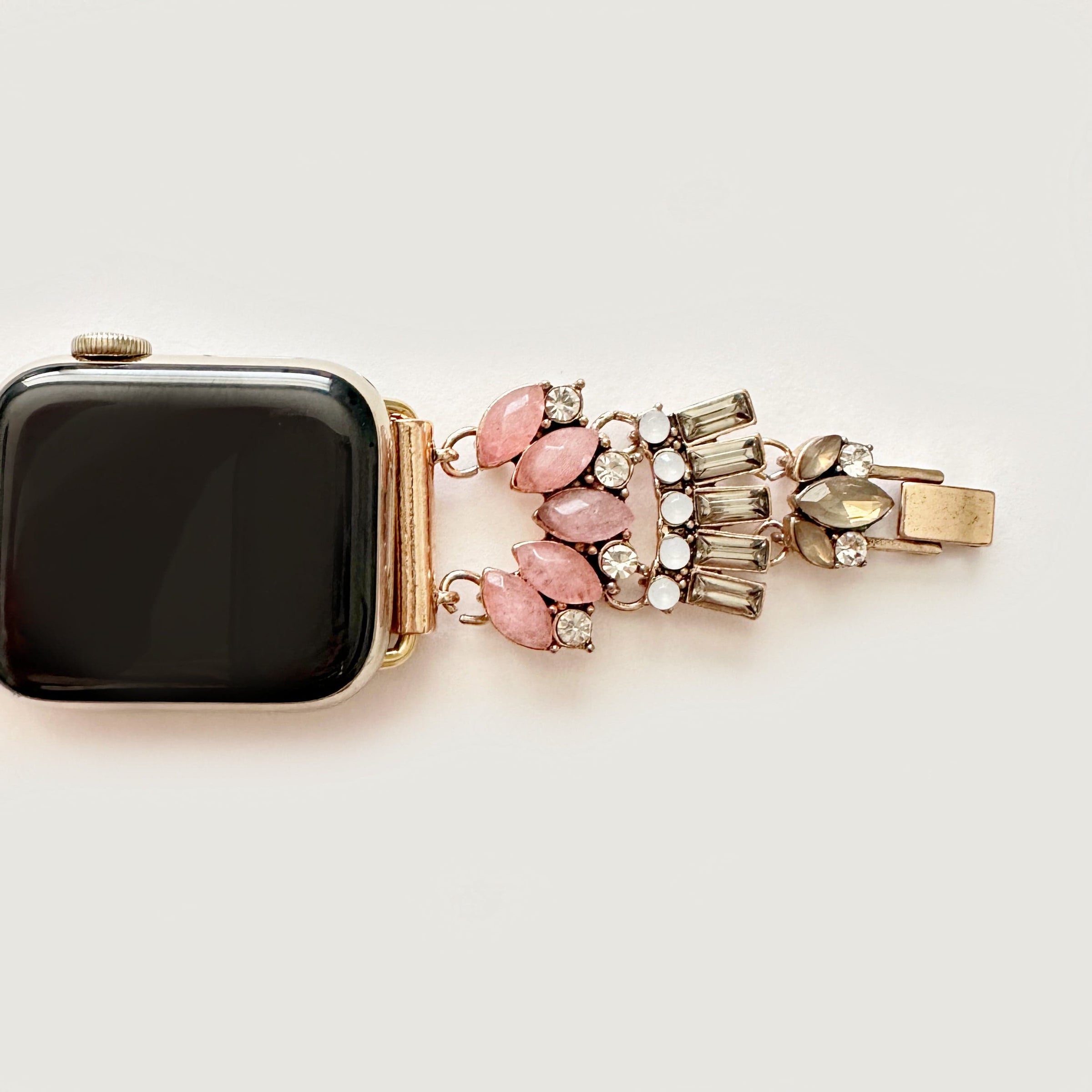 The Pink Gatsby, Gold, Silver, and Rose Gold Jeweled Watch Band with Rose Quartz for Apple Watch
