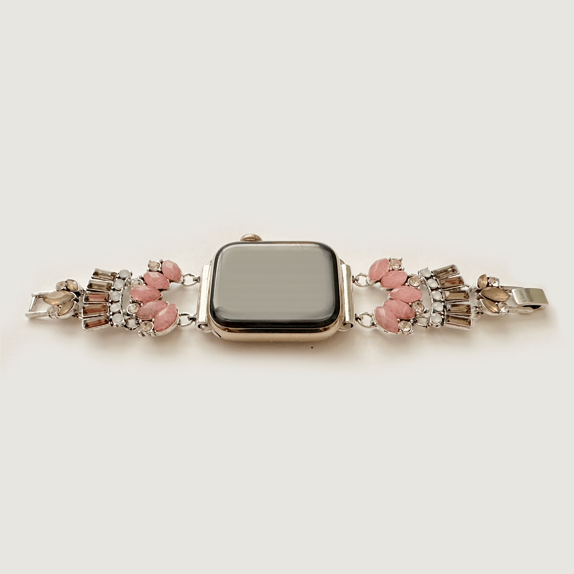 The Pink Gatsby, Gold, Silver, and Rose Gold Jeweled Watch Band with Rose Quartz for Apple Watch