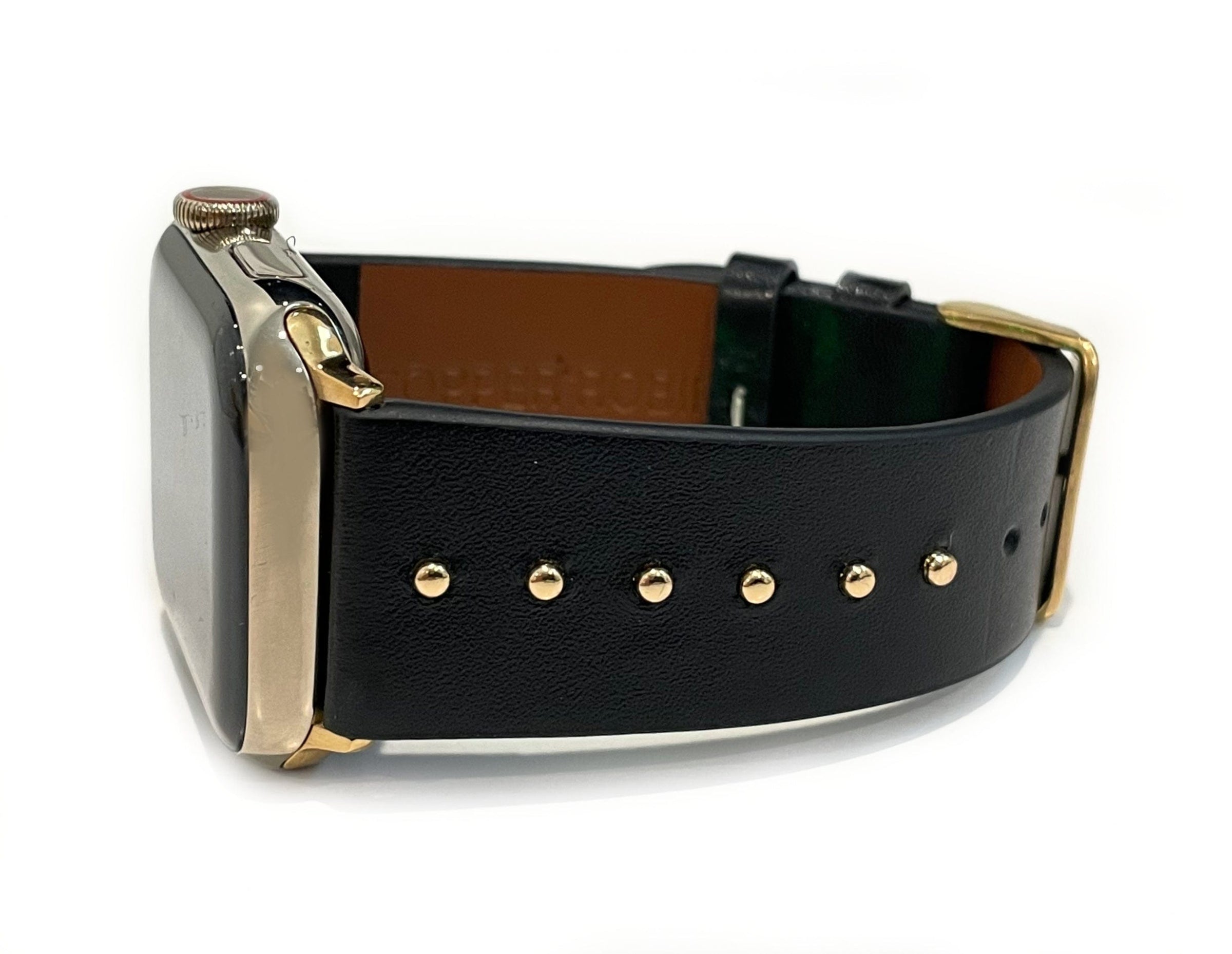 The Celebrity, Black Leather with Gold, silver, or Rose Gold Metal Studs Watch Band for Apple Watch