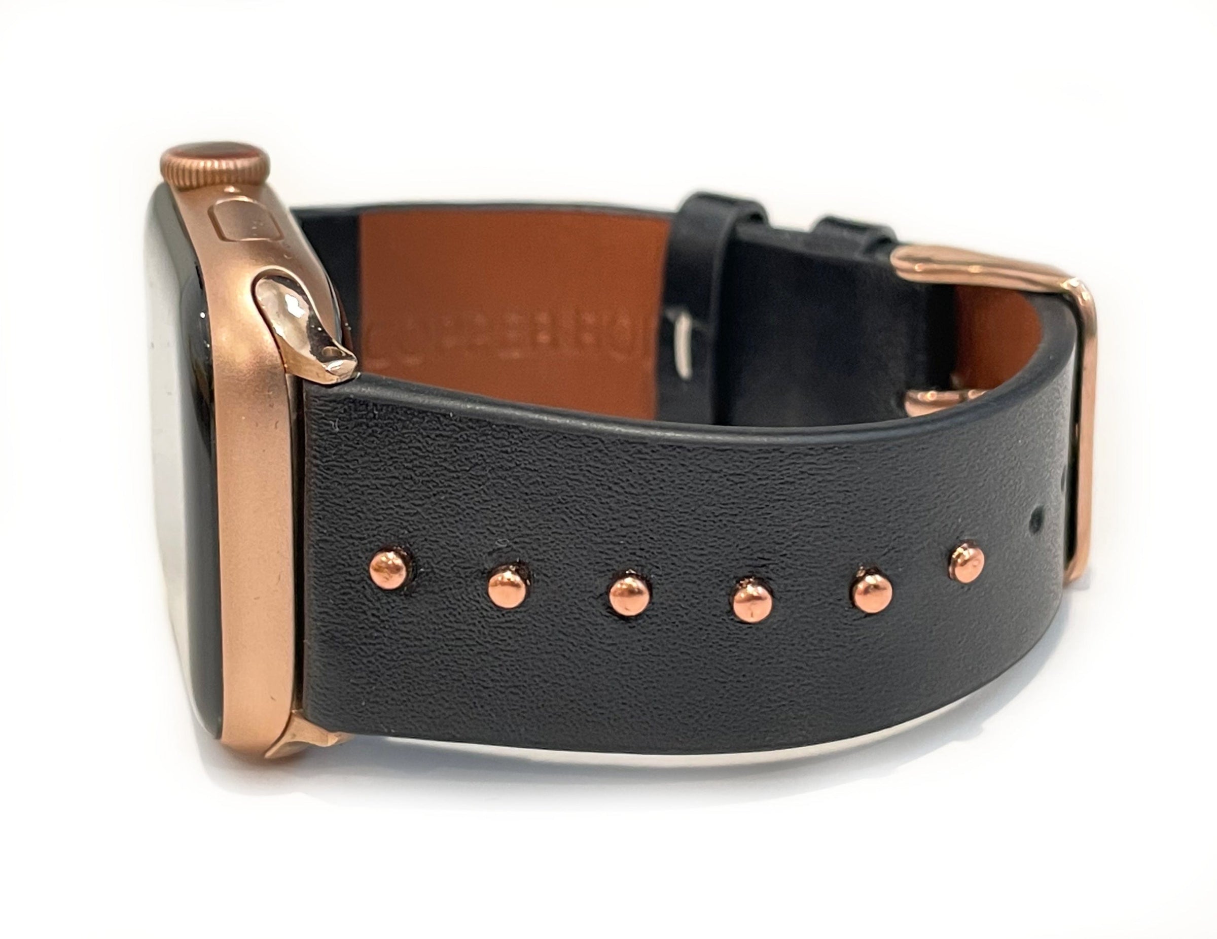 The Celebrity, Black Leather with Gold, silver, or Rose Gold Metal Studs Watch Band for Apple Watch