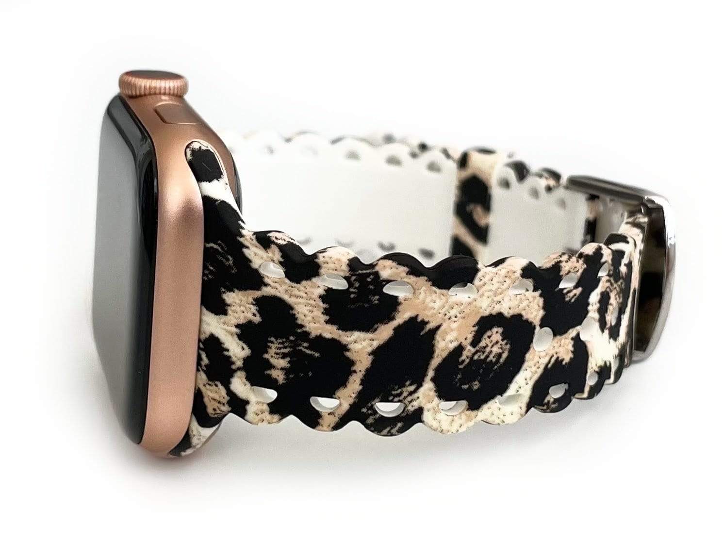 Scalloped Lace, Black and white Leopard Laser Cut Silicone Watch Band for Apple Watch