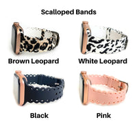 Scalloped Lace, Black and white Leopard Laser Cut Silicone Watch Band for Apple Watch