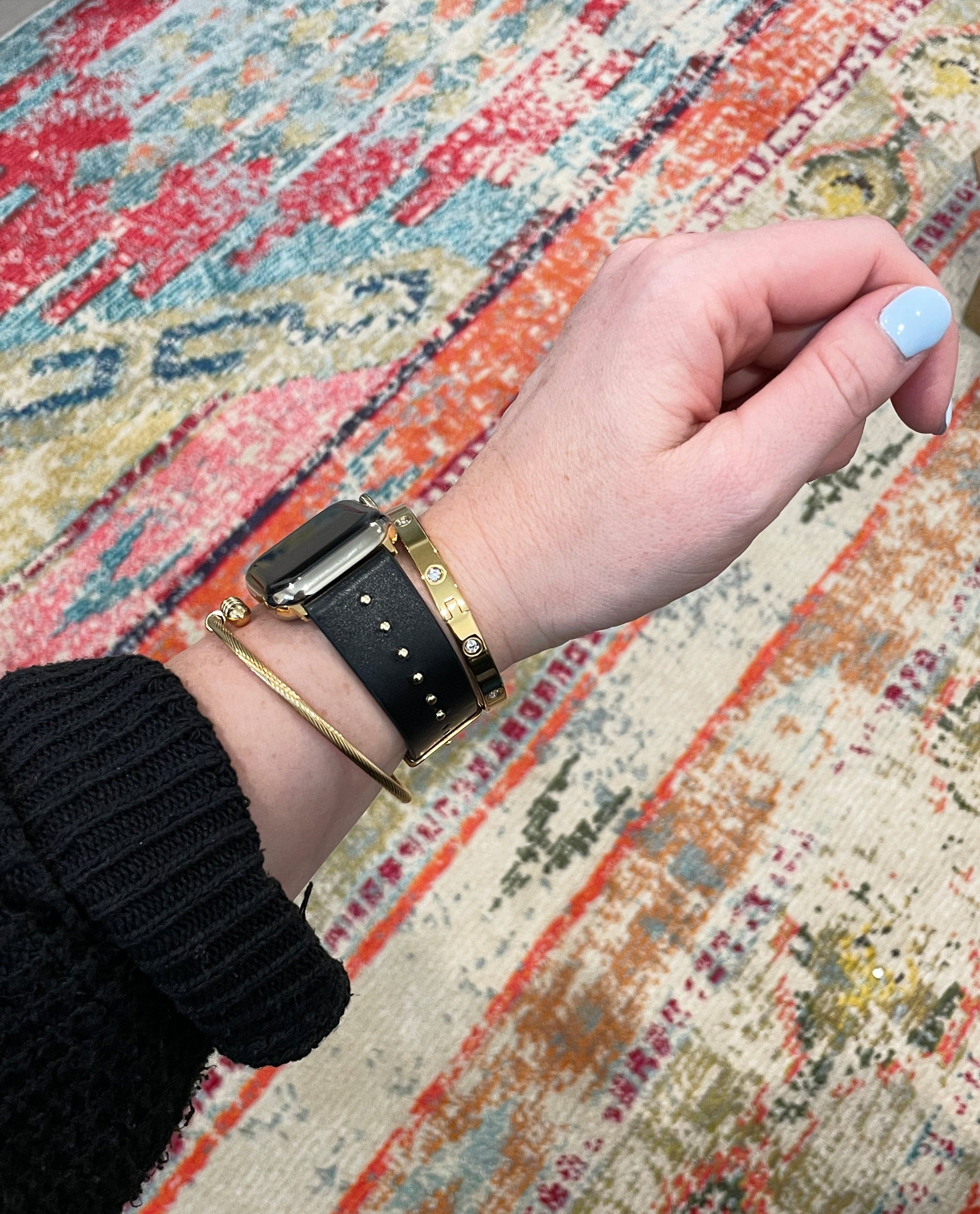 The Celebrity, Black Leather with Gold, silver, or Rose Gold Metal Studs Watch Band for Apple Watch