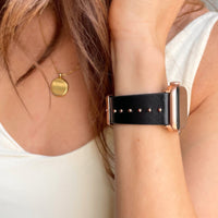The Celebrity, Black Leather with Gold, silver, or Rose Gold Metal Studs Watch Band for Apple Watch