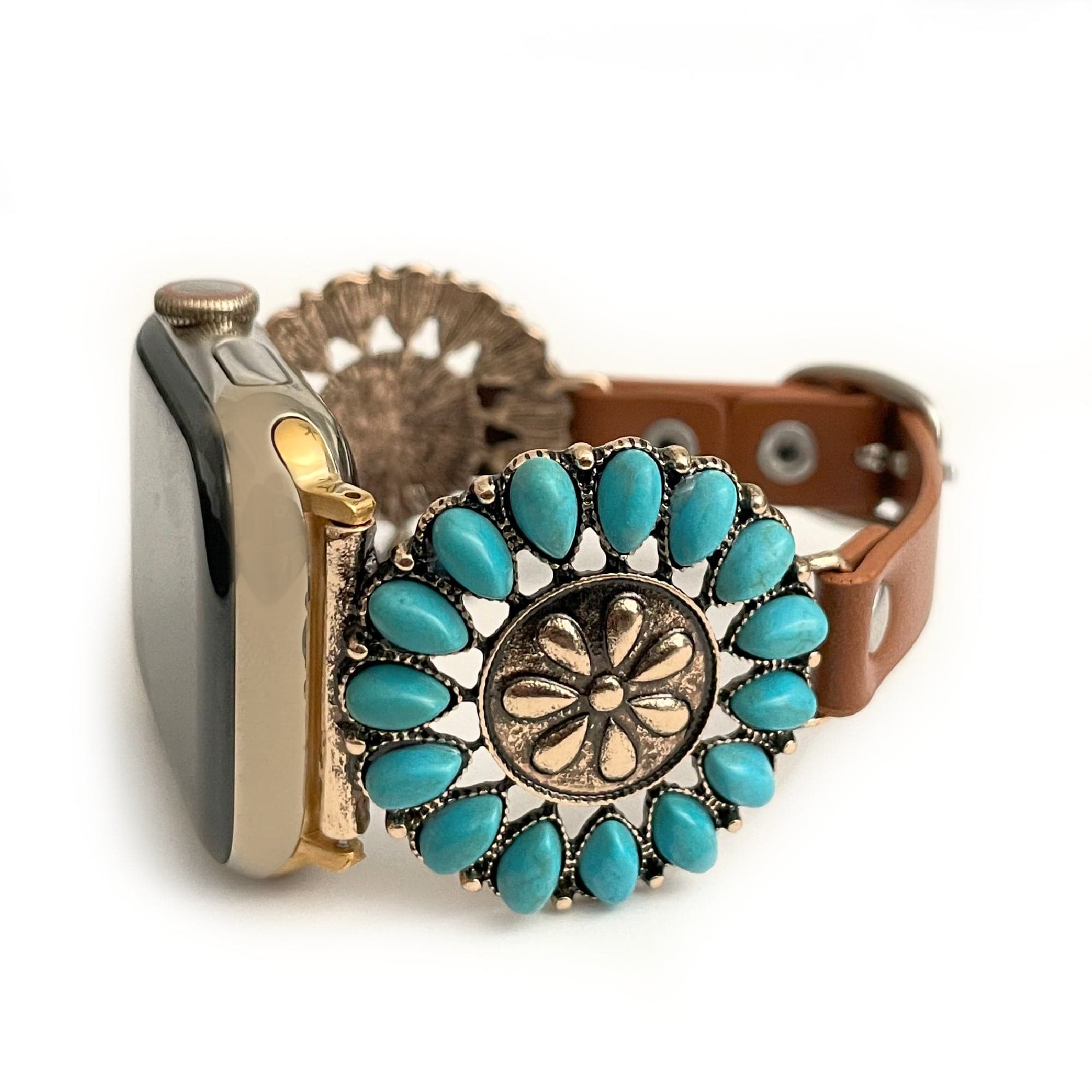 Turquoise Dahlia , Gemstone Turquoise and Leather Watch Band for Fitbit