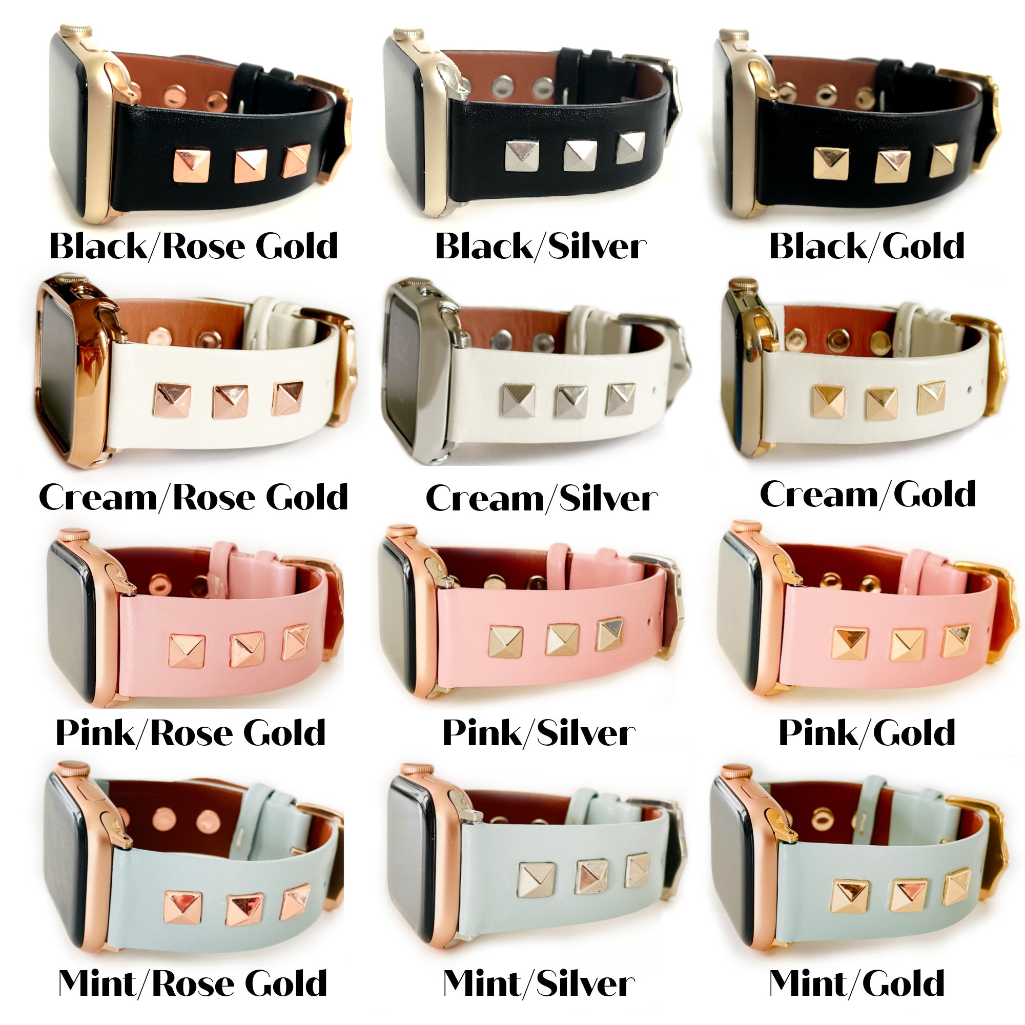 The Rockstar, Cream Leather Watch Band with Metal Studs, Watch Band for Apple Watch