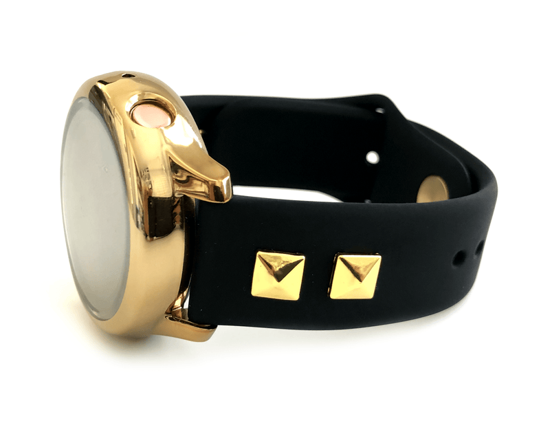 This sporty yet chic Samsung watch band will take you from the gym to work and then to a night out! This band is adorned with two square studs on each side. Studs are slightly raised in the center giving them a pyramid like shape. This band comes in 2 widths: 20mm and 22mm. 