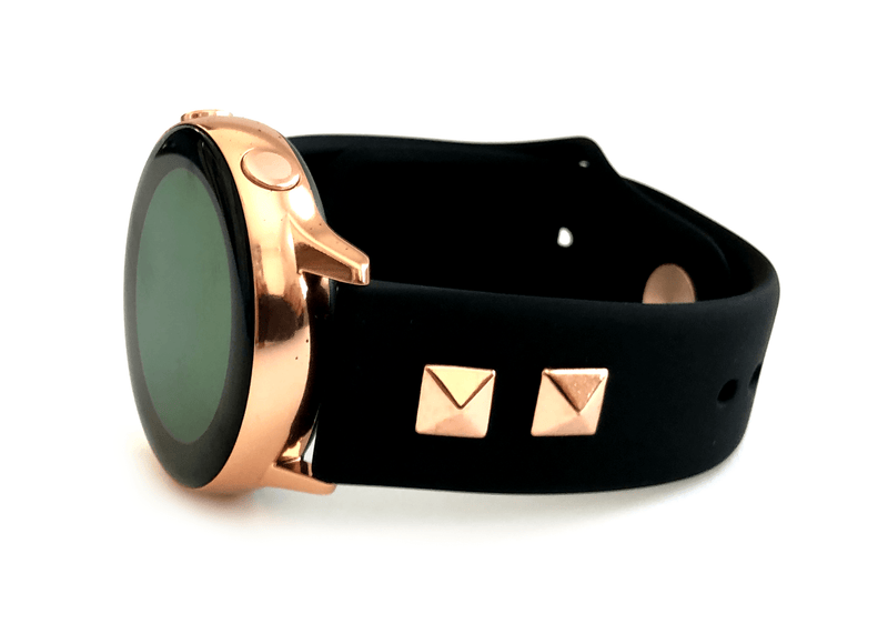 This sporty yet chic Samsung watch band will take you from the gym to work and then to a night out! This band is adorned with two square studs on each side. Studs are slightly raised in the center giving them a pyramid like shape. This band comes in 2 widths: 20mm and 22mm.