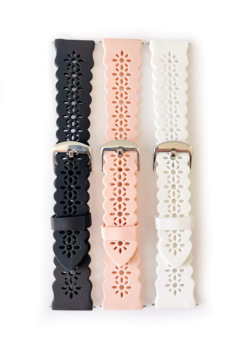 Lace Silicone 22mm Watch Band, Black, White, and Pink Silicone Laser Cut Silicone Watch Band for Samsung