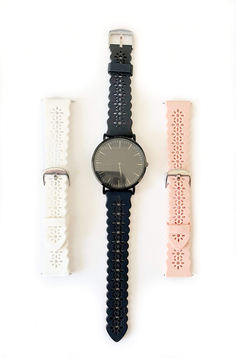 Lace Silicone 22mm Watch Band, Black, White, and Pink Silicone Laser Cut Silicone Watch Band for Samsung