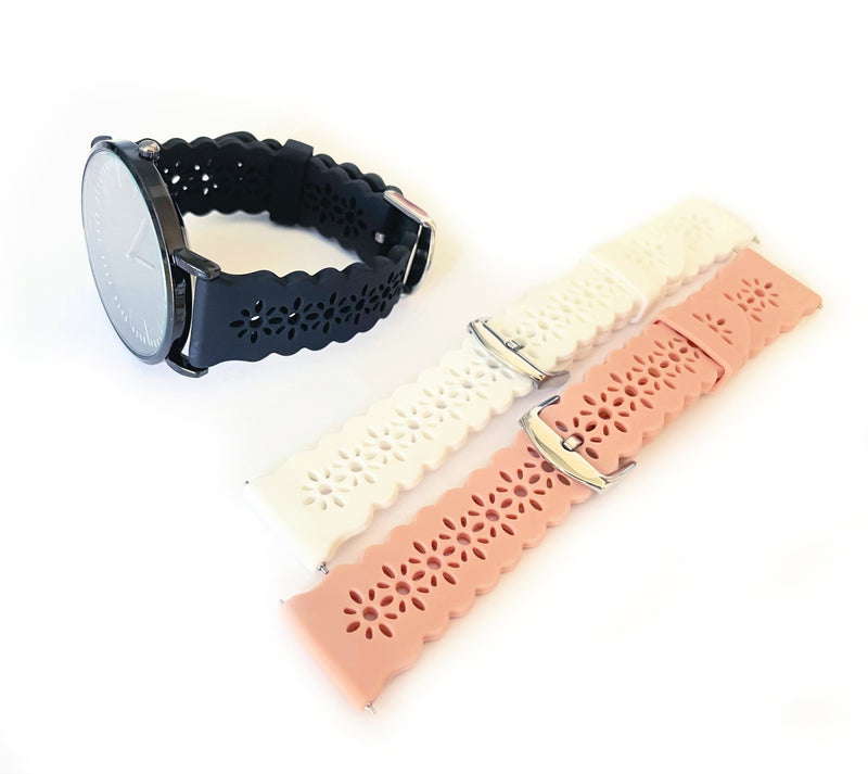 Lace Silicone 22mm Watch Band, Black, White, and Pink Silicone Laser Cut Silicone Watch Band for Samsung