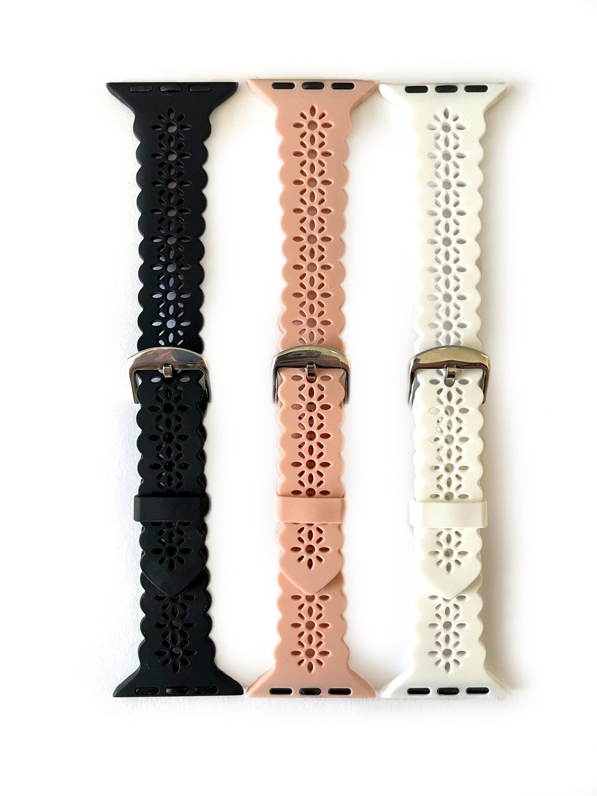 Lace Silicone Apple Watch Band, Black, White, and Pink Silicone Laser Cut Silicone Watch Band for Apple Watch