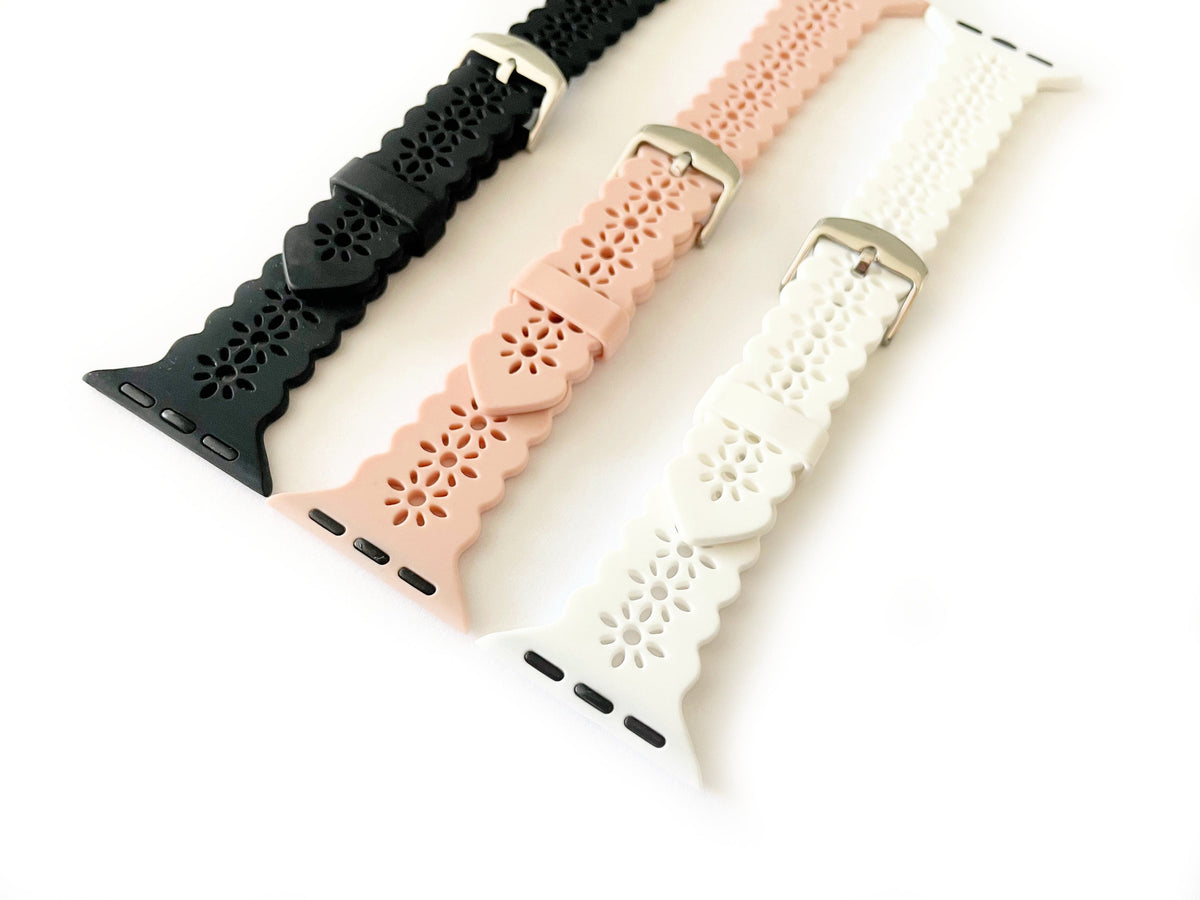 Lace Silicone Apple Watch Band, Black, White, and Pink Silicone Laser Cut Silicone Watch Band for Apple Watch