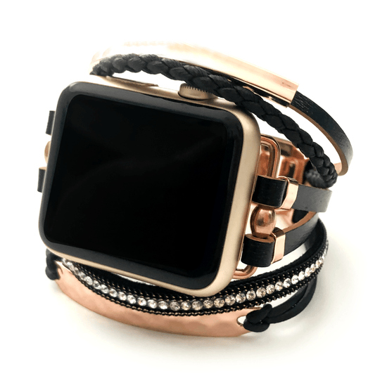 Strappy black faux leather apple watch band with rose gold hardware. Sold out, preorder available for next release. Choose Black/gold, black/rose gold or black/silver