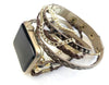 The Boho watch band features three straps on each side of your watch that wrap around the wrist creating the perfect boho style. The three straps include one faux braided leather strap, one gold chain, and one snake print faux leather strap. This boho band has a one size fits all connector fitting watch sizes 38/40/42/44. This band fits wrist sizes 6.25"-7.5" and closes with three different snaps for your custom size