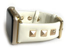Beautiful CREAM top grain genuine LEATHER, STUDDED Apple Watch Band. This watch band features a stainless steel buckle and is adorned with three metal studs on each side. Stud color choices include Silver, Gold, and Rose Gold. Studs are square shaped and slightly raised in the center giving them a pyramid shape. This watch band fits all series of Apple Watches. Comes in sizes 38/40 and 42/44