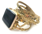 The Boho watch band features three straps on each side of your watch that wrap around the wrist creating the perfect boho style. The three straps include one faux braided leather strap, one gold chain, and one snake print faux leather strap. This boho band has a one size fits all connector fitting watch sizes 38/40/42/44. This band fits wrist sizes 6.25"-7.5" and closes with three different snaps for your custom size.