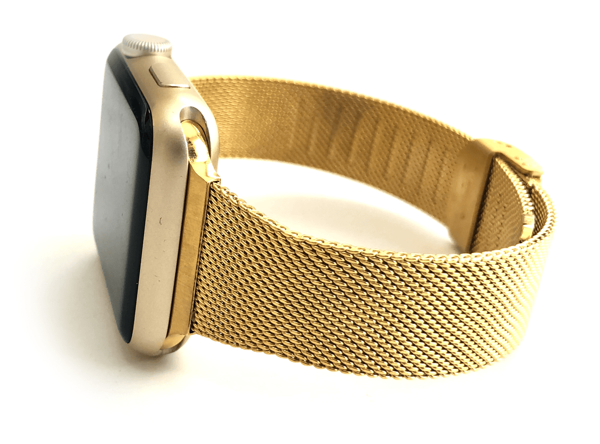 Stainless Steel Mesh Apple Watch Band. Made narrow for a more feminine look. Fits wrist sizes 5.5"-7.5" One size connector fits Apple watch sizes 38mm/40mm/42mm & 44mm Available in Gold, Rose Gold, and Silver