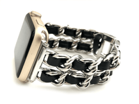 The Designer Apple Watch Band consists of soft leather woven through hypo-allergenic stainless steel chains give us all 'The Designer' feels possible! Available in 6 colors Fits wrist Sizes: 5.5"- 7.5"