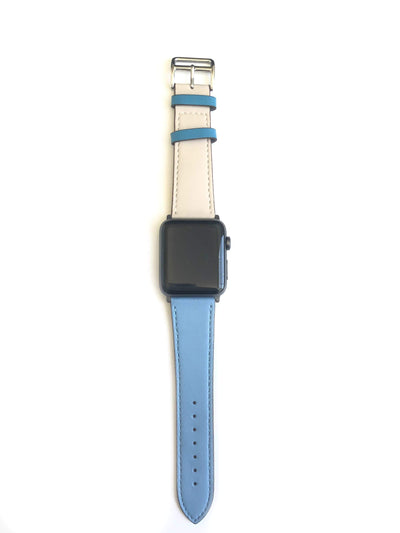 Men's and Women's blue and cream genuine leather strap. One strap blue and one strap cream. Leather straps contains blue stitching around entire outer edge.  This Apple Watch Band fits all apple series watches sized 42/44mm.  Fits wrist sizes 6.5"-8"