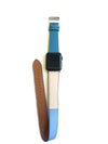 Men's and Women's BLUE  AND CREAM genuine leather strap. Leather strap contains white stitching around entire outer edge. Strap is designed to wrap around the wrist twice creating a solid cuff look. This Apple Watch Band fits all apple series watches sized 42/44mm. Fits wrist sizes 6.5"-8"