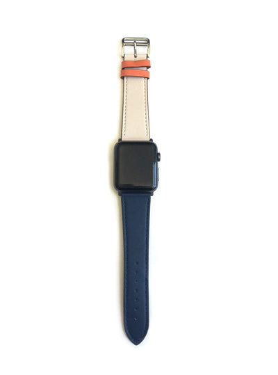 Men's and Women's navy, orange, and cream genuine leather strap. One strap blue and one strap cream. Leather straps contains blue stitching around entire outer edge.  This Apple Watch Band fits all apple series watches sized 42/44mm.  Fits wrist sizes 6.5"-8"