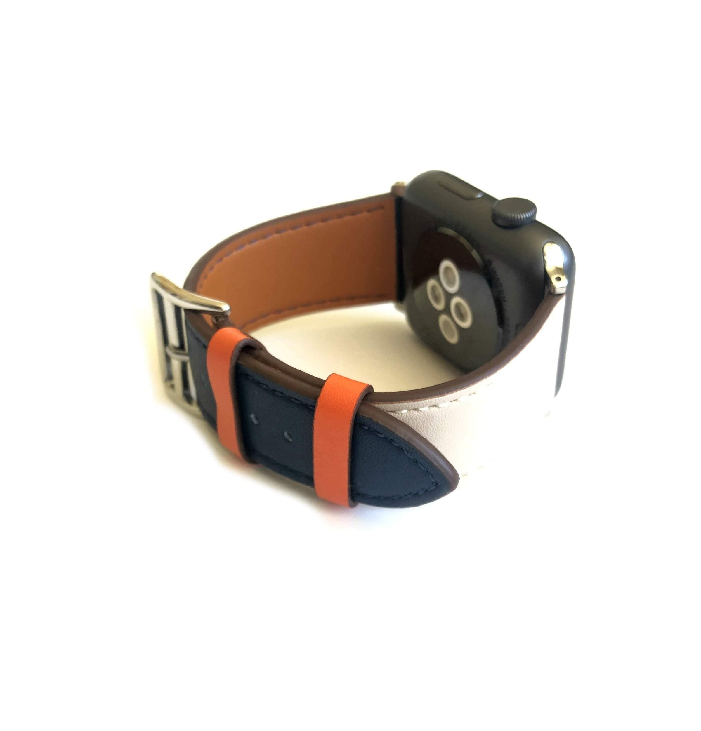 NAVY, ORANGE, AND CREAM LEATHER APPLE BAND – Copper Robin