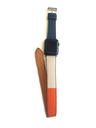 Men's and Women's NAVY, ORANGE, AND CREAM genuine leather strap. Leather strap contains white stitching around entire outer edge. Strap is designed to wrap around the wrist twice creating a solid cuff look. This Apple Watch Band fits all apple series watches sized 42/44mm. Fits wrist sizes 6.5"-8"