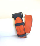Men's and Women's NAVY, ORANGE, AND CREAM genuine leather strap. Leather strap contains white stitching around entire outer edge. Strap is designed to wrap around the wrist twice creating a solid cuff look. This Apple Watch Band fits all apple series watches sized 42/44mm. Fits wrist sizes 6.5"-8"