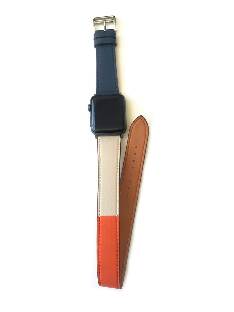 Men's and Women's NAVY, ORANGE, AND CREAM genuine leather strap. Leather strap contains white stitching around entire outer edge. Strap is designed to wrap around the wrist twice creating a solid cuff look. This Apple Watch Band fits all apple series watches sized 42/44mm. Fits wrist sizes 6.5"-8"