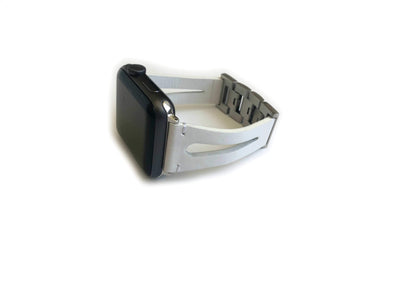 This WHITE genuine leather strap was designed for men and women. This strap splits down the middle giving it the appearance of two straps. Dress this strap up or dress it down to fit your perfect look.  This Apple Watch Band fits all apple series watches sized 38/40 and 42/44mm.  Fits wrist sizes 5.5"-8"  features stainless steel adjustable connectors for true fit.
