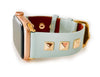 Beautiful MINT BLUE top grain genuine LEATHER, STUDDED Apple Watch Band. This watch band features a stainless steel buckle and is adorned with three metal studs on each side. Stud color choices include Silver, Gold, and Rose Gold. Studs are square shaped and slightly raised in the center giving them a pyramid shape. This watch band fits all series of Apple Watches. Comes in sizes 38/40 and 42/44