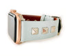 Beautiful MINT BLUE top grain genuine LEATHER, STUDDED Apple Watch Band. This watch band features a stainless steel buckle and is adorned with three metal studs on each side. Stud color choices include Silver, Gold, and Rose Gold. Studs are square shaped and slightly raised in the center giving them a pyramid shape. This watch band fits all series of Apple Watches. Comes in sizes 38/40 and 42/44