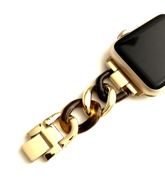 Beautiful apple watch band featuring a faux tortoise resin mixed with chain.  Fits all apple series watches in sizes 38/40  Chain colors available in silver, gold, and rose gold Fits wrist sizes: 5.5” to 7.5”