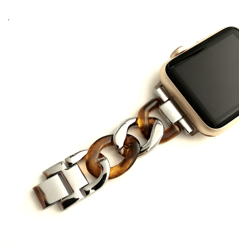 Beautiful apple watch band featuring a faux tortoise resin mixed with chain.  Fits all apple series watches in sizes 38/40  Chain colors available in silver, gold, and rose gold Fits wrist sizes: 5.5” to 7.5”