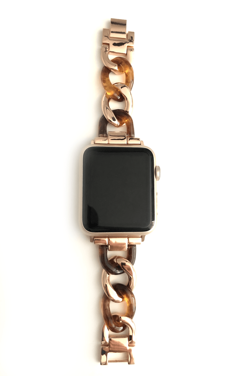 Beautiful apple watch band featuring a faux tortoise resin mixed with chain.  Fits all apple series watches in sizes 38/40  Chain colors available in silver, gold, and rose gold Fits wrist sizes: 5.5” to 7.5”