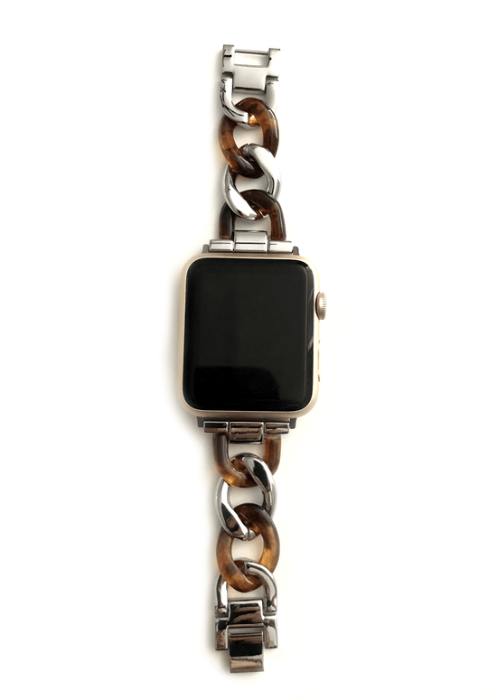 Beautiful apple watch band featuring a faux tortoise resin mixed with chain.  Fits all apple series watches in sizes 38/40  Chain colors available in silver, gold, and rose gold Fits wrist sizes: 5.5” to 7.5”