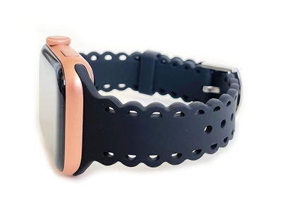 Scalloped silicone Apple Watch bands. These fit all series of Apple Watch band and fit in both sizes of Apple Watch. Silicone Stainless steel buckle closure fits wrist size 5.5"-6.5" Available in 38/40mm and 42/44mm Fits apple watch 1-6 and SE Please measure your wrist size before purchasing.  Comes in four colors: pink, black, white leopard, and feather tie dye