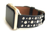 Beautiful BLACK top grain genuine LEATHER, STUDDED Apple Watch Band. This watch band features a stainless steel buckle and is adorned with several flat circular studs. Stud color choices include Silver, Gold, and Rose Gold.  This watch band fits all series of Apple Watches. Comes in sizes 38/40 and 42/44